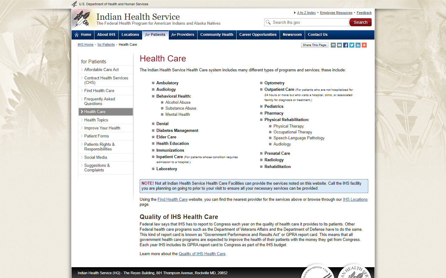 ihs.gov health care page